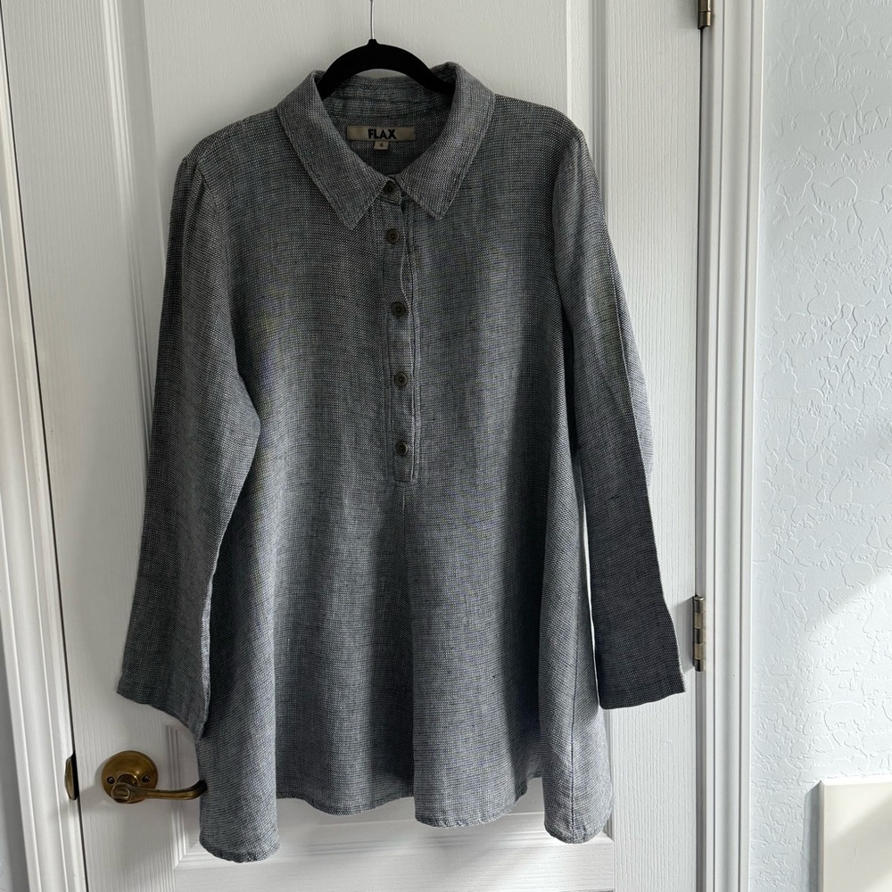 Flax Tunic Top 100% Linen Black and White Houndstooth A-line Hem Size S - Picture 13 of 13